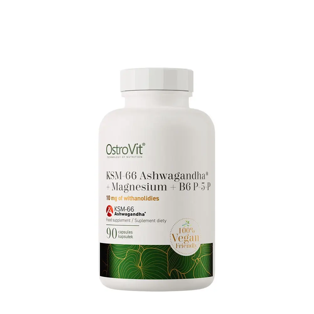 OstroVit KSM-66 Ashwagandha med Magnesium och B6 P-5-P 90 vegkapslar förpackning
