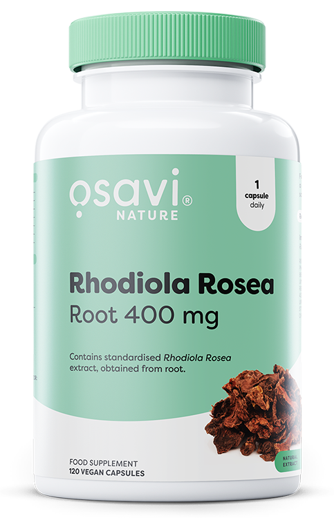 Osavi Rhodiola Rosea Rot 400 mg vegankapslar mot vit bakgrund